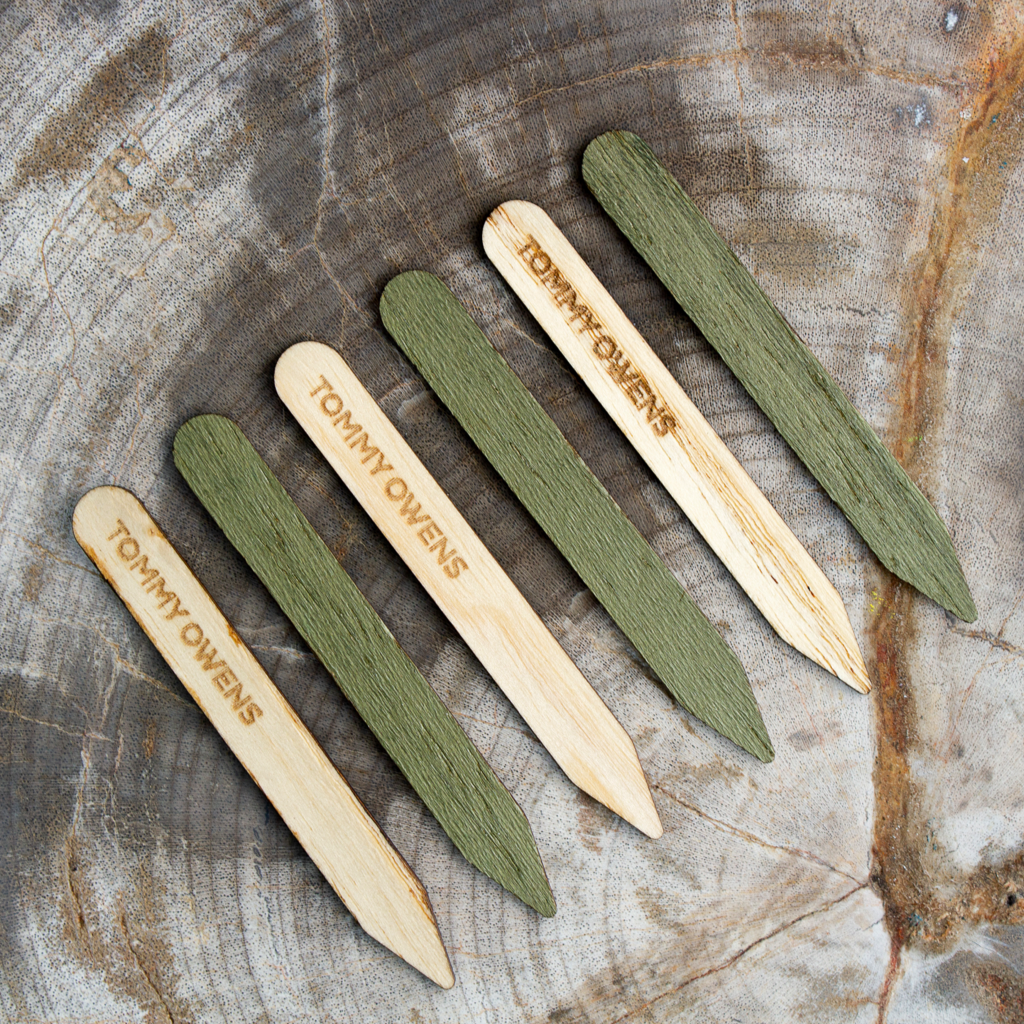 Two-tone ash and olive green koto collar stays arranged in a pattern, showcasing the contrasting colors and natural beauty.