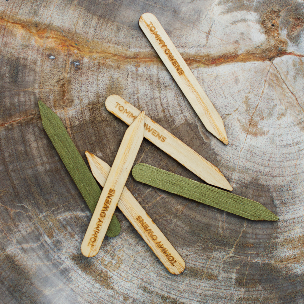 Ash and olive green koto collar stays scattered amongst leaves and twigs, emphasizing their natural origins and unique color combination.