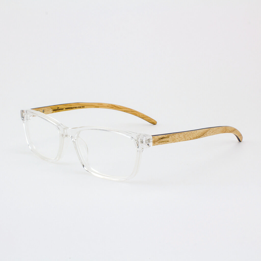 Clear acetate and wood eyeglasses with ash temples