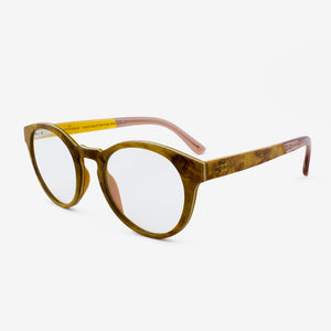Holmes Gold Camphor Burl adjustable wooden eyeglasses with champaign acetate tips