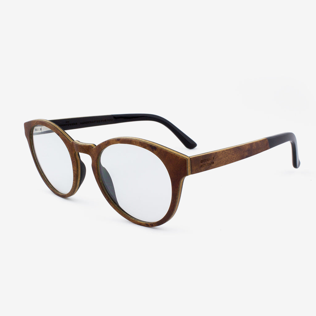 Holmes Red Camphor Burl adjustable wooden eyeglasses with piano black acetate tips