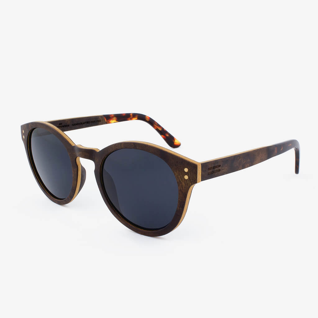 Nassau walnut burl adjustable wood sunglasses with tortoise shell acetate tips