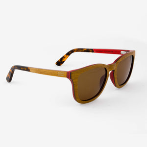 Ormand teak layered wood sunglasses with tortoise shell temples side view