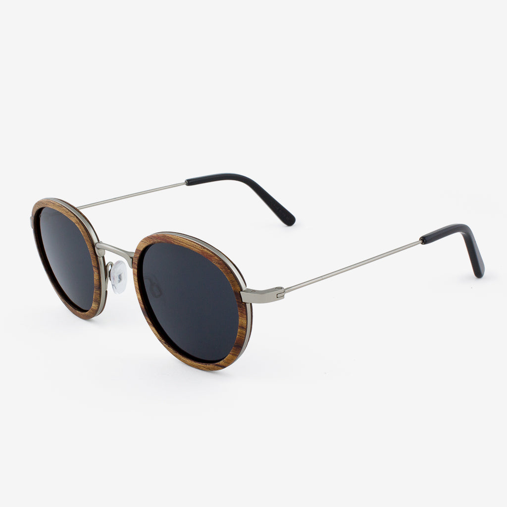 Pasco silver lightweight titanium and rosewood rimmed sunglasses with piano black acetate tips