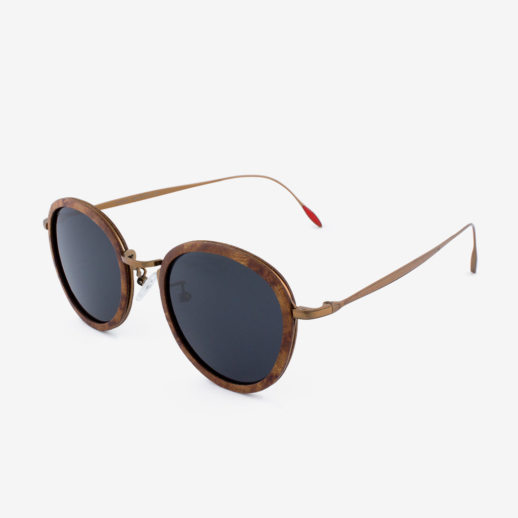 Richey copper lightweight titanium and burl wood sunglasses with red interior tips