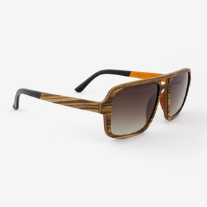 Rockledge zebrawood adjustable wood sunglasses with orange interior and piano black acetate tips