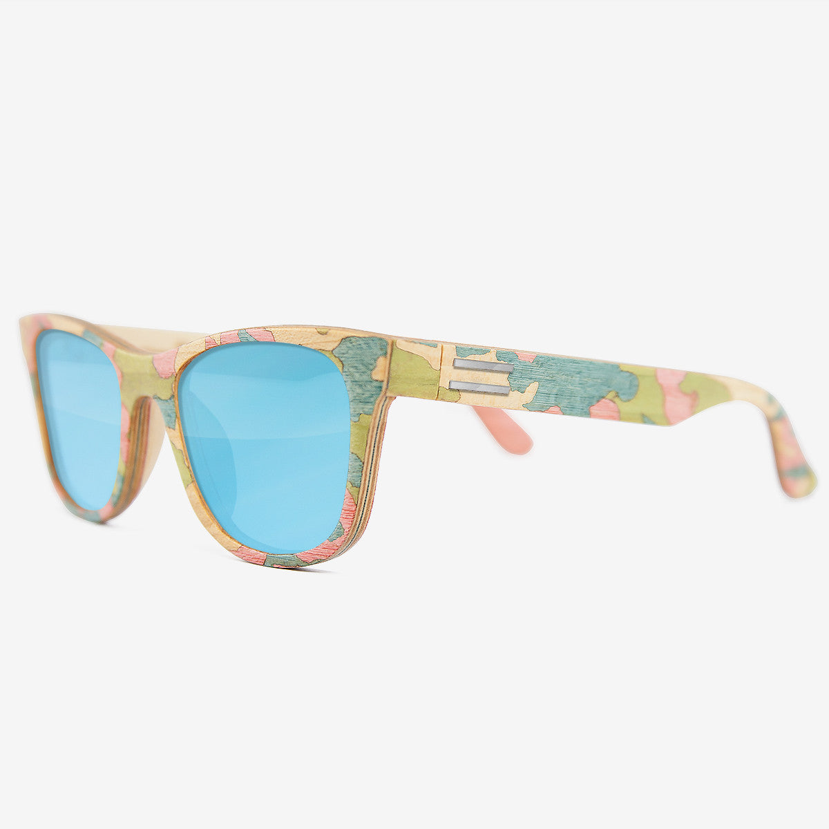 Pink and light blue camouflage wood sunglasses